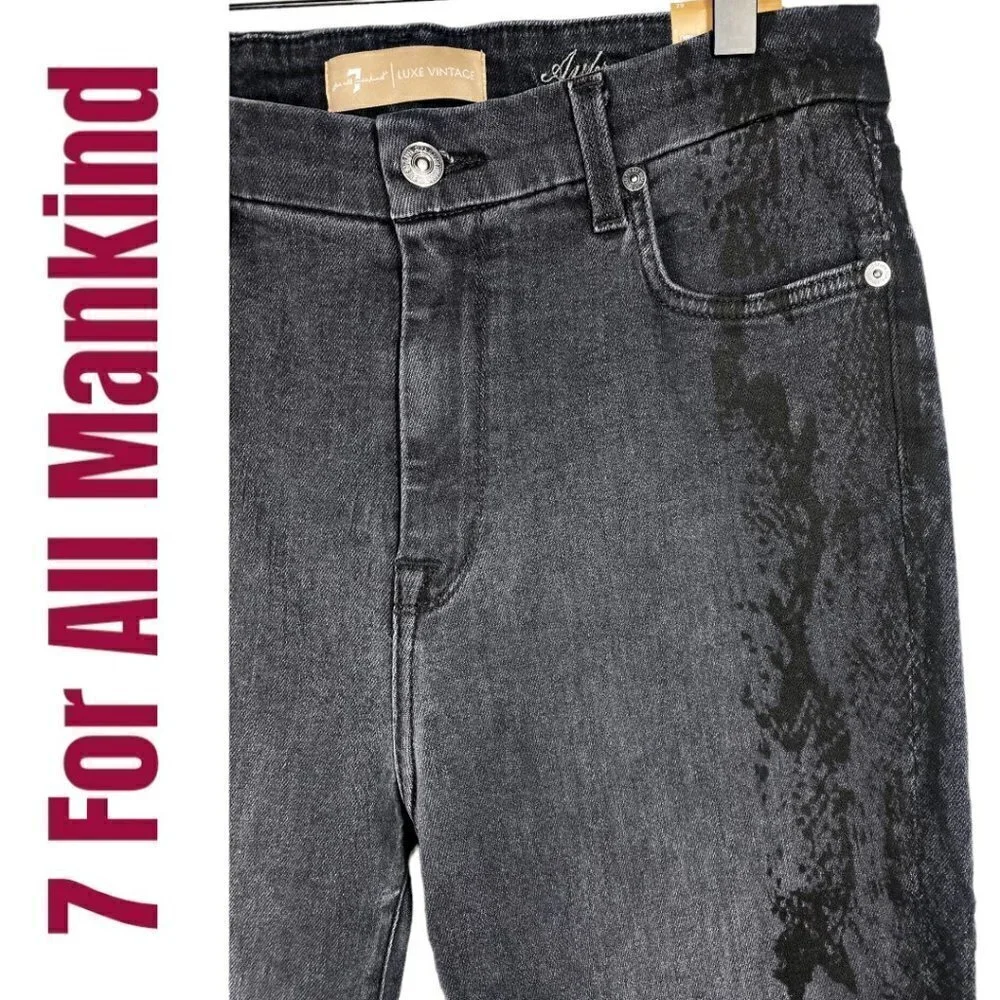 NWT 7 FOR ALL MANKIND Aubrey Vintage Luxe Black Snakeprint Skinny Jeans, Size 29